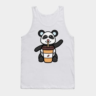 Sticker and Label Of Cute Baby Panda With Coffee. Tank Top